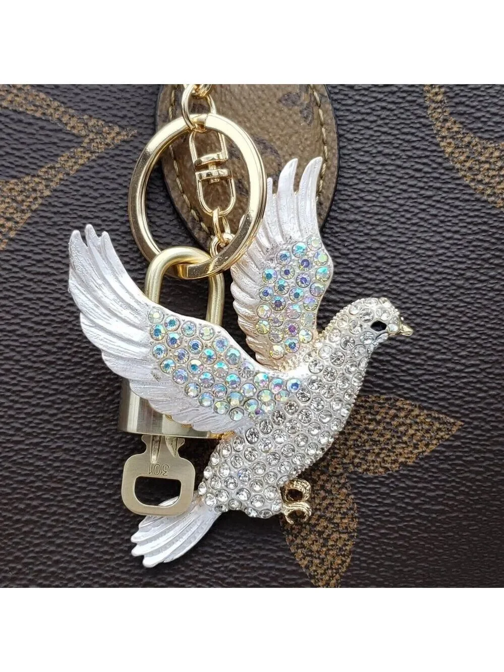 Authentic Louis Vuitton Lock & Key with Unbranded Dove Charm, Keychain